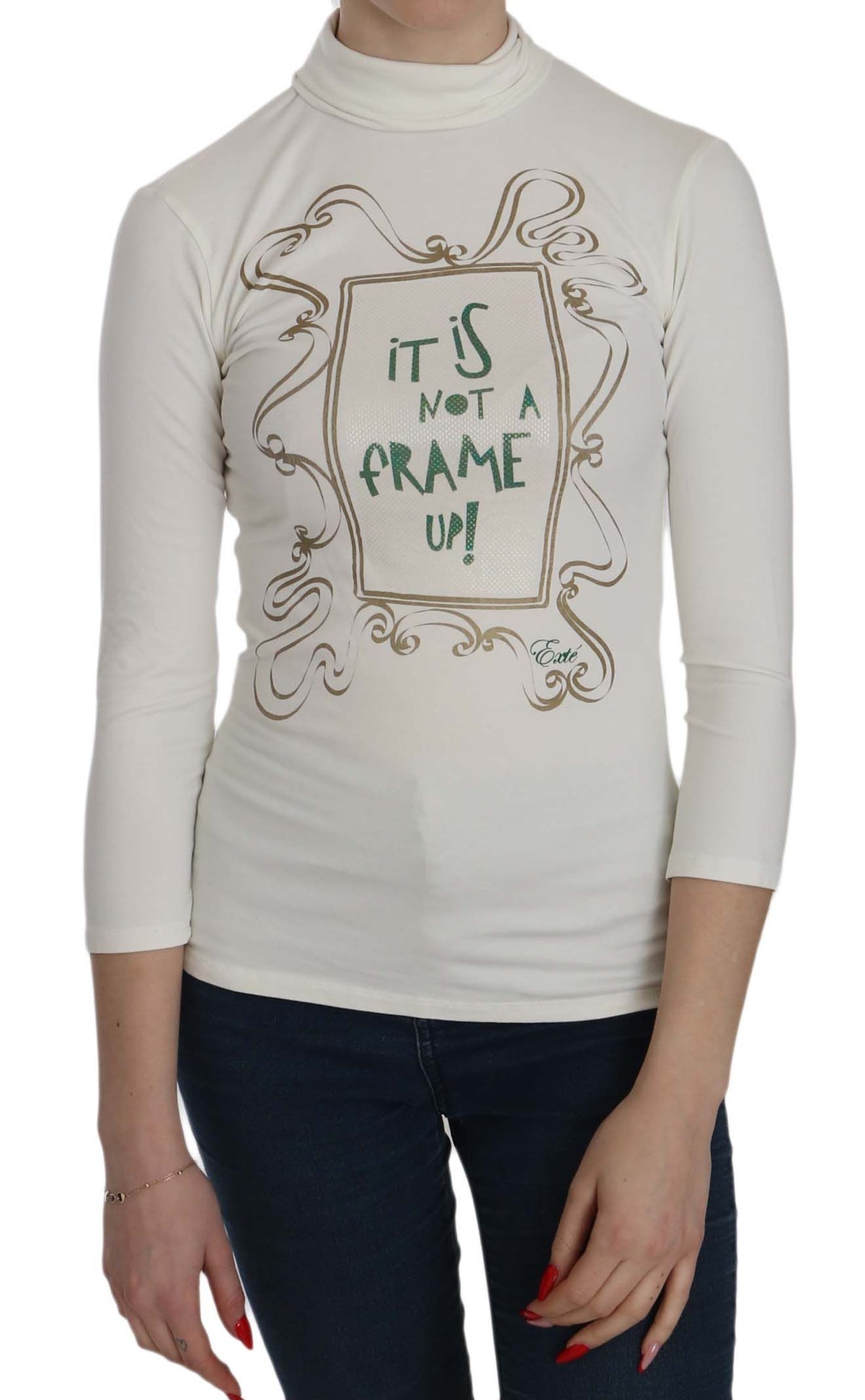 Exte Chic White Printed Turtle Neck Blouse