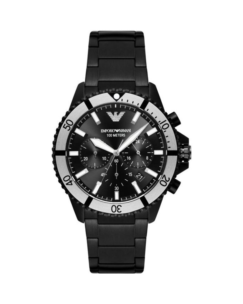 Emporio Armani Sleek Black Steel Chronograph Timepiece