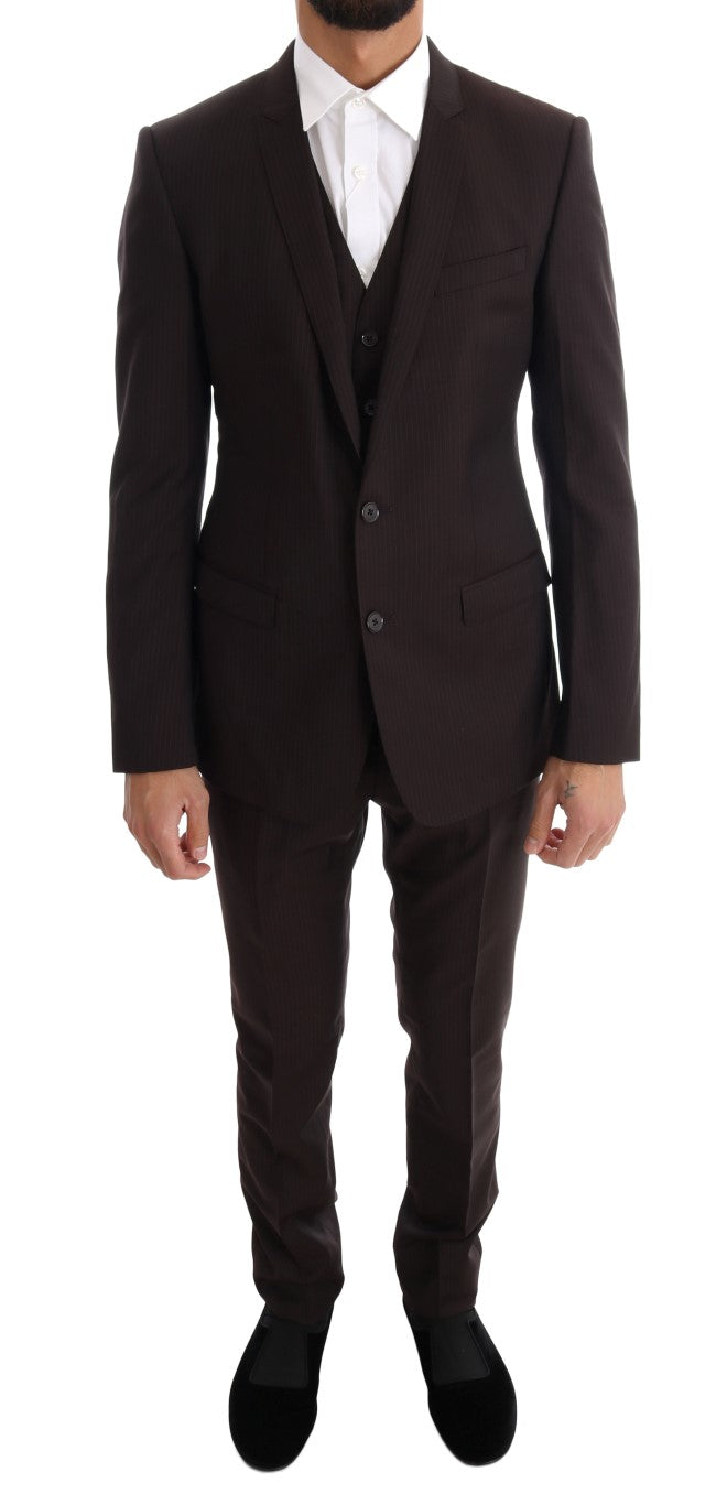 Dolce & Gabbana Elegant Brown Striped Three-Piece Wool Suit