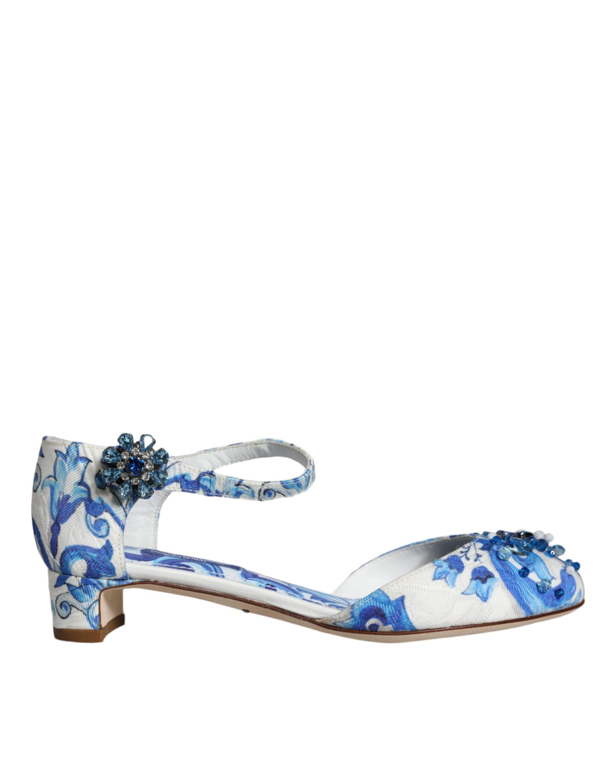 Dolce & Gabbana White Blue Majolica Print Ankle Strap Sandals Shoes