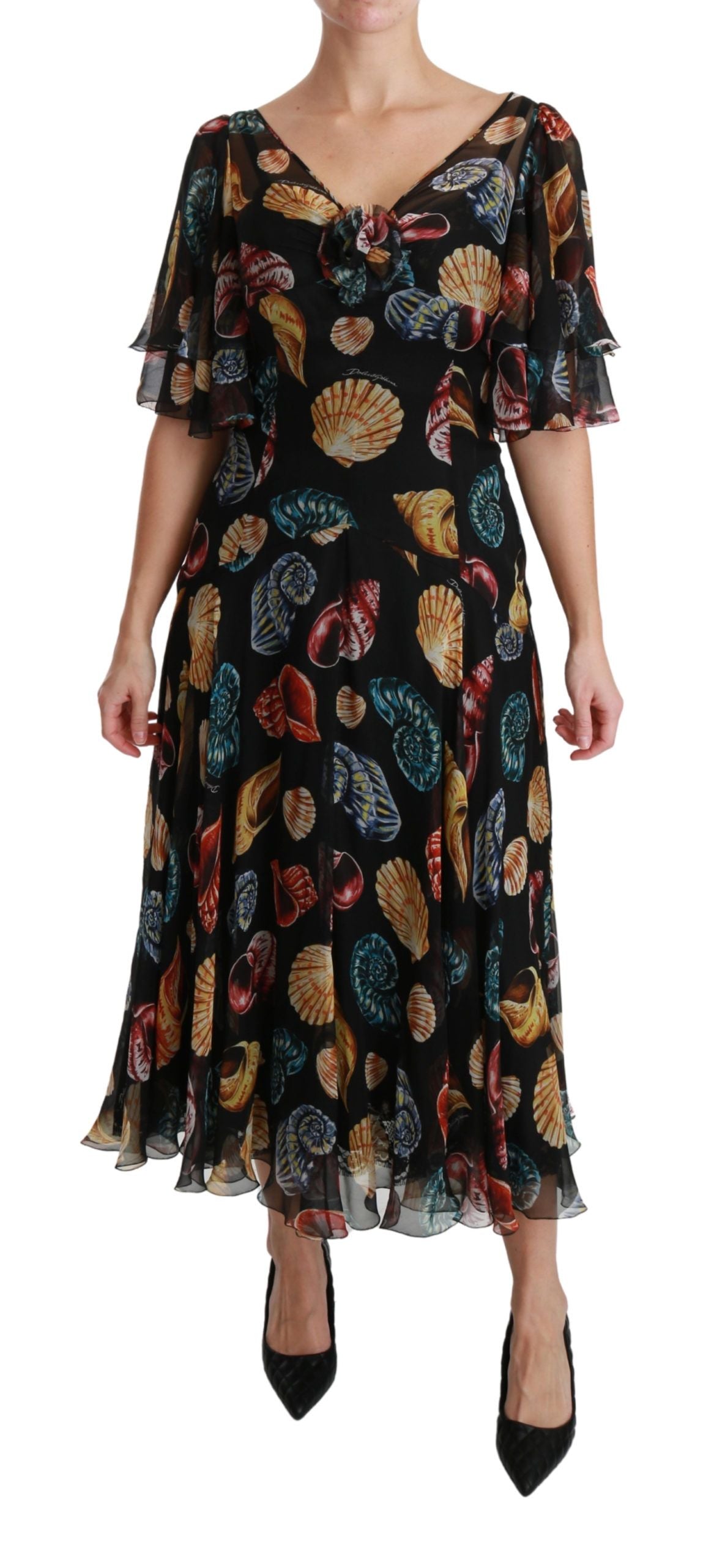 Dolce & Gabbana Elegant Sea Shells Print Silk Midi Dress